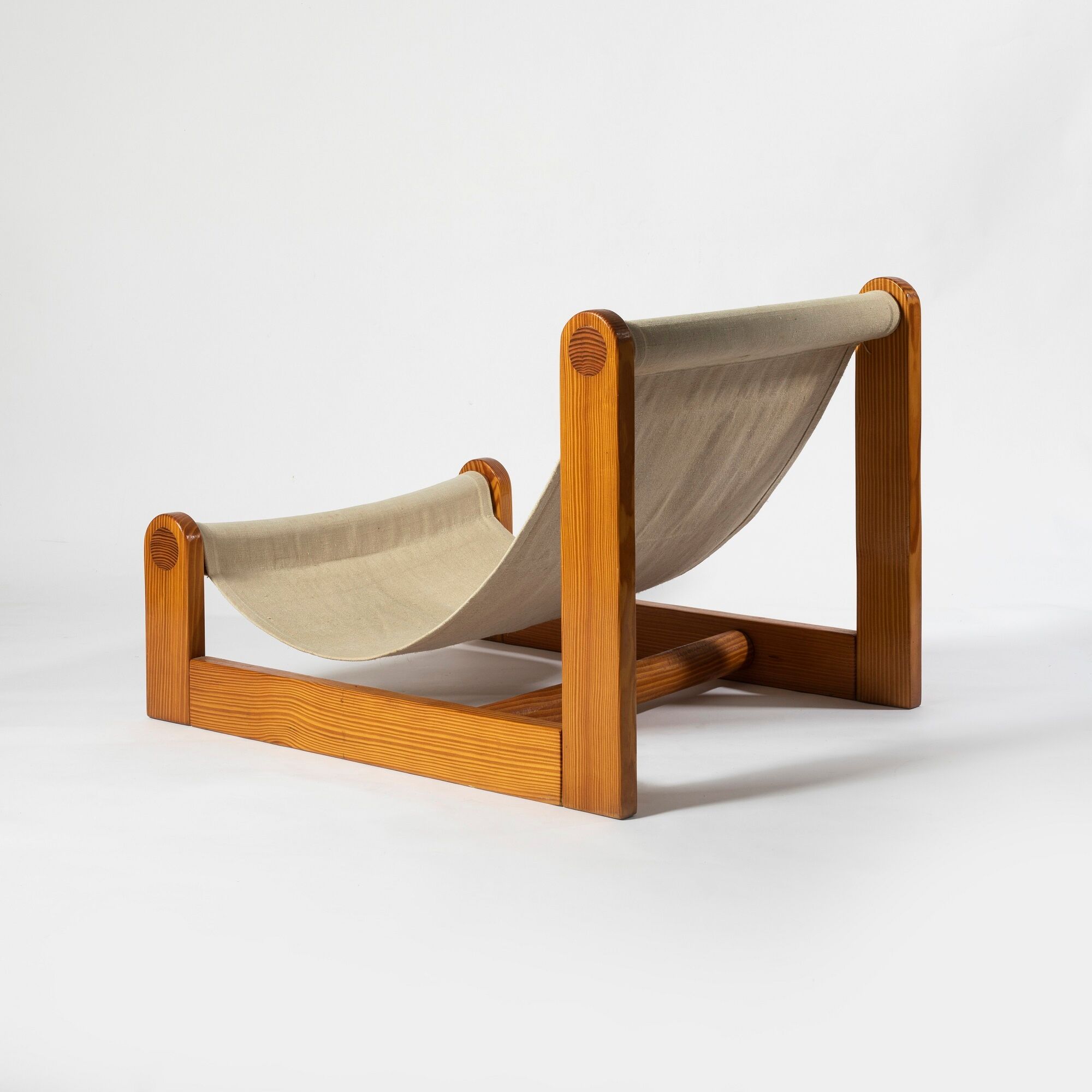 Brutalist sling lounge chair in Canvas, Pine and sheepskin, Belgium, 1970s