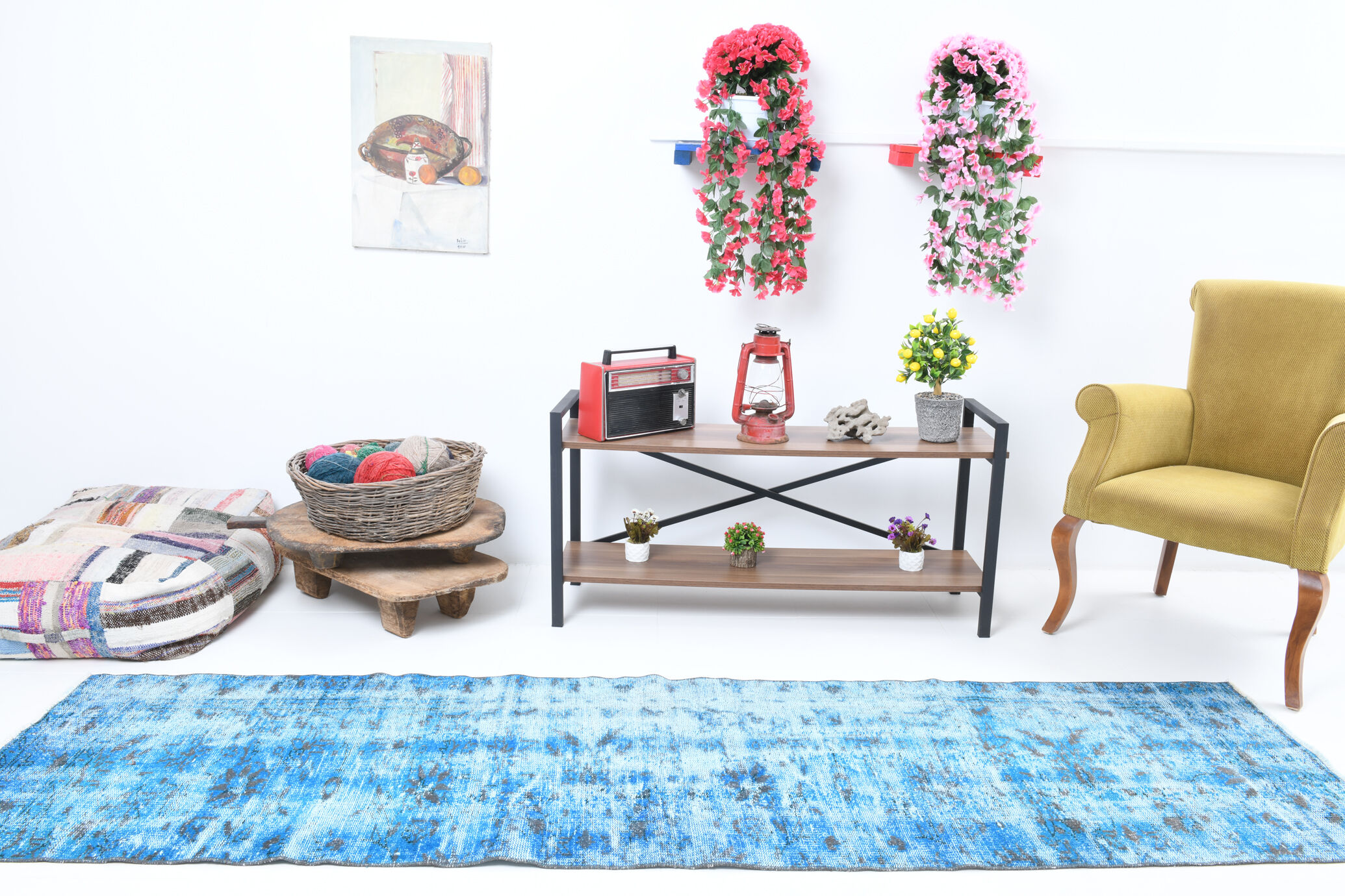 2x9 di̇stressed blue oushak runner rug, 282x75cm