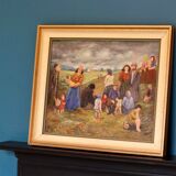 Peinture à l’huile moderniste suédoise originale « Paysage avec des gens » de Tage Rhodin (1899-1983). - Encadré