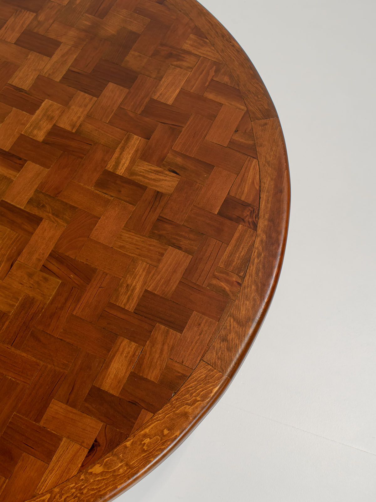 Round parquet coffee table with conical legs, spain
