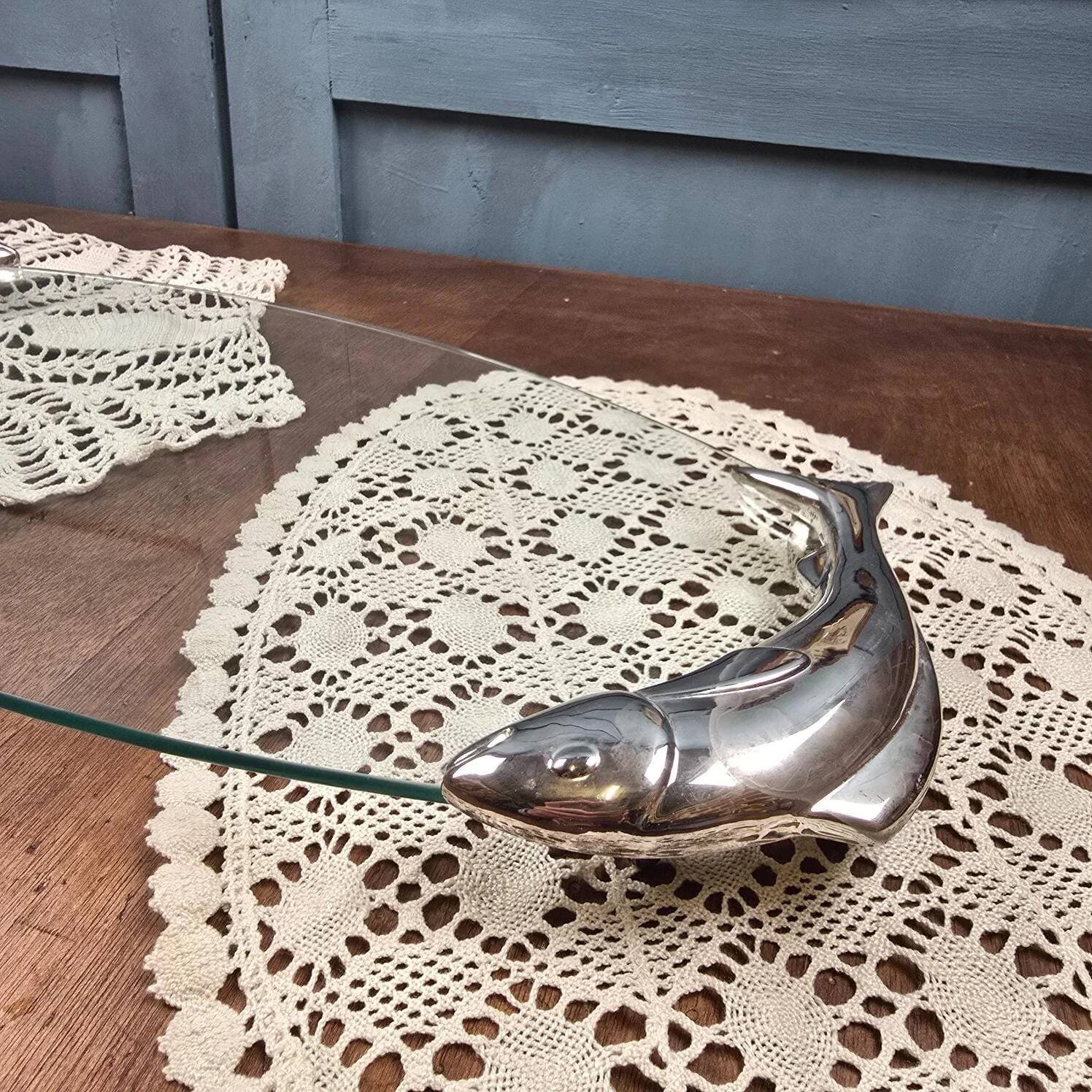 SILEA fish serving platter or dish in glass, with silver fish handles.