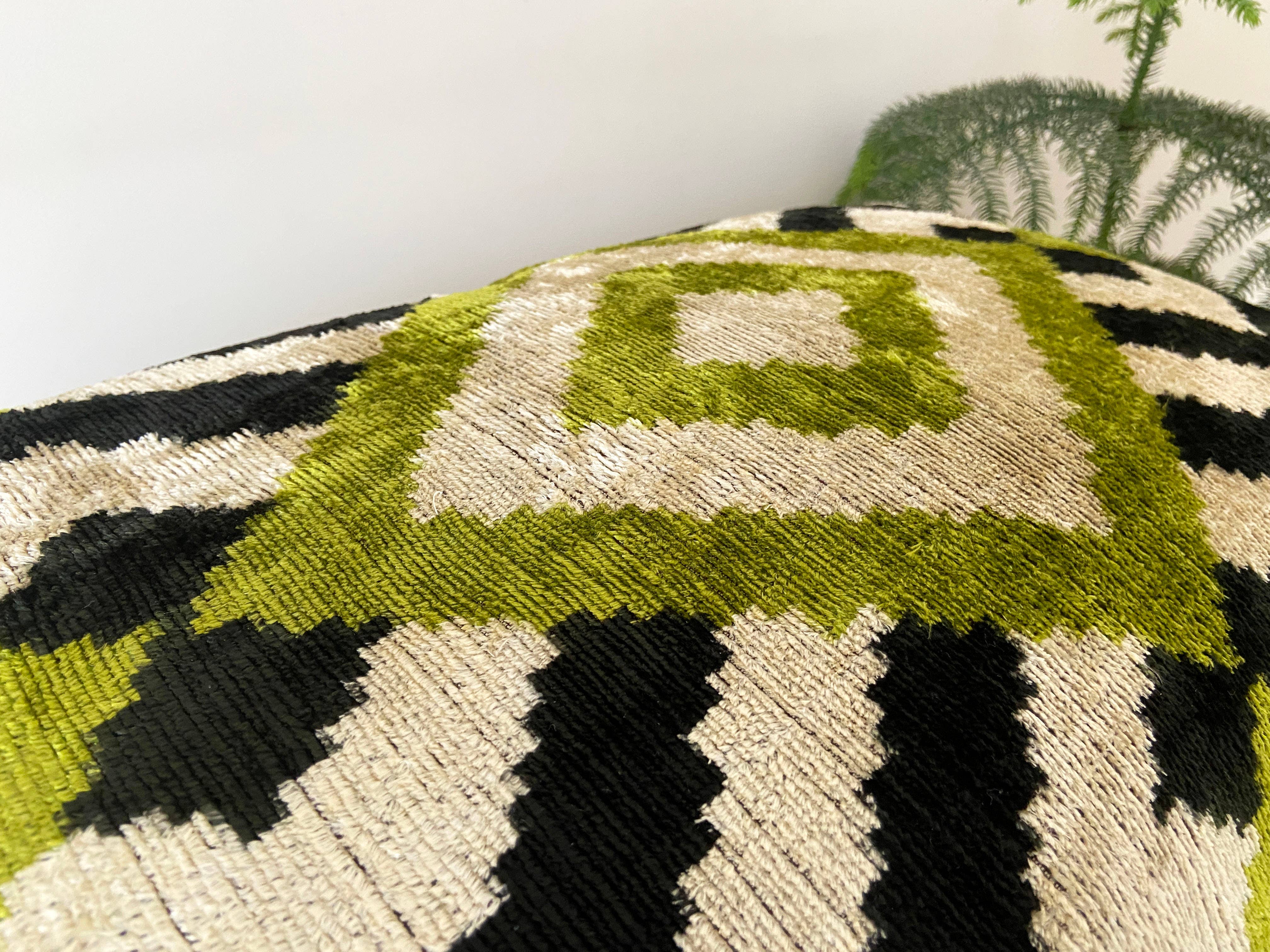 Velvet cushion Ikat green diamonds