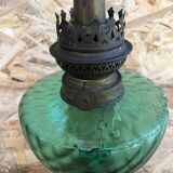 Old kerosene lamp, brass pedestal & green glass body + vintage glass tube