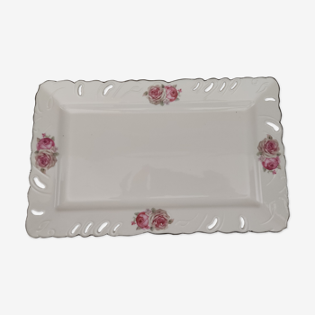Rectangular dish in german porcelain white openwork bordered silver and old pinks