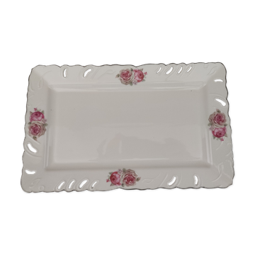 Rectangular dish in german porcelain white openwork bordered silver and old pinks