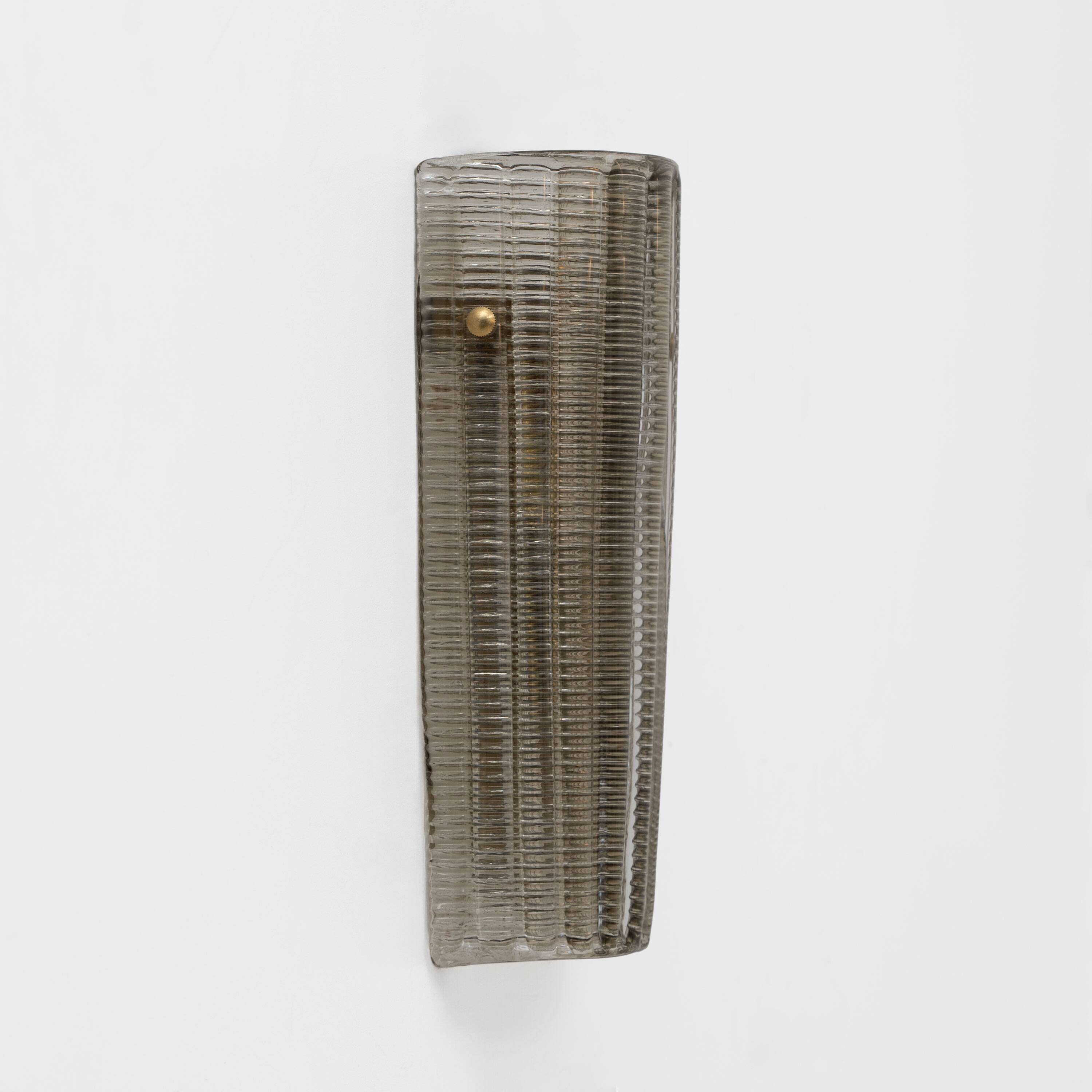 Pair of Murano Glass Wall Sconces Smoke Glass and Brass, Italy