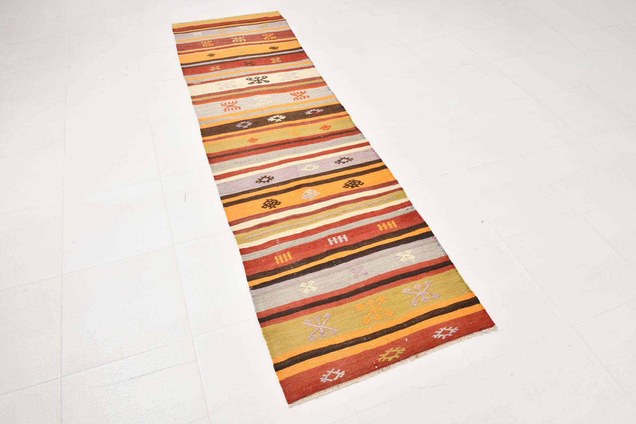3x9 Striped Kilim Runner, Wool Runner Rug, 74x263Cm