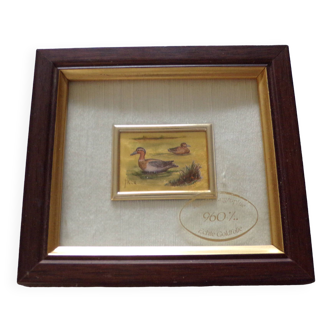 Small art chromolithograph painting Duck on gold leaf