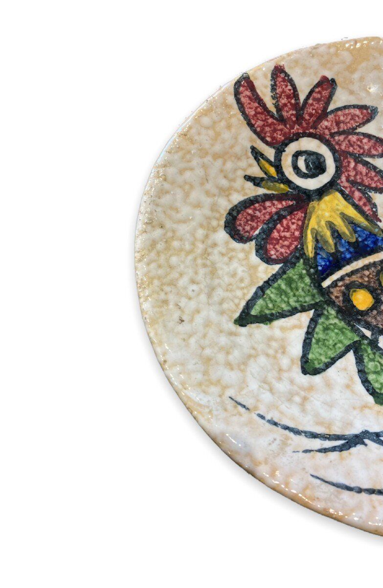 Plate polychrome rooster decoration toledo 1950s