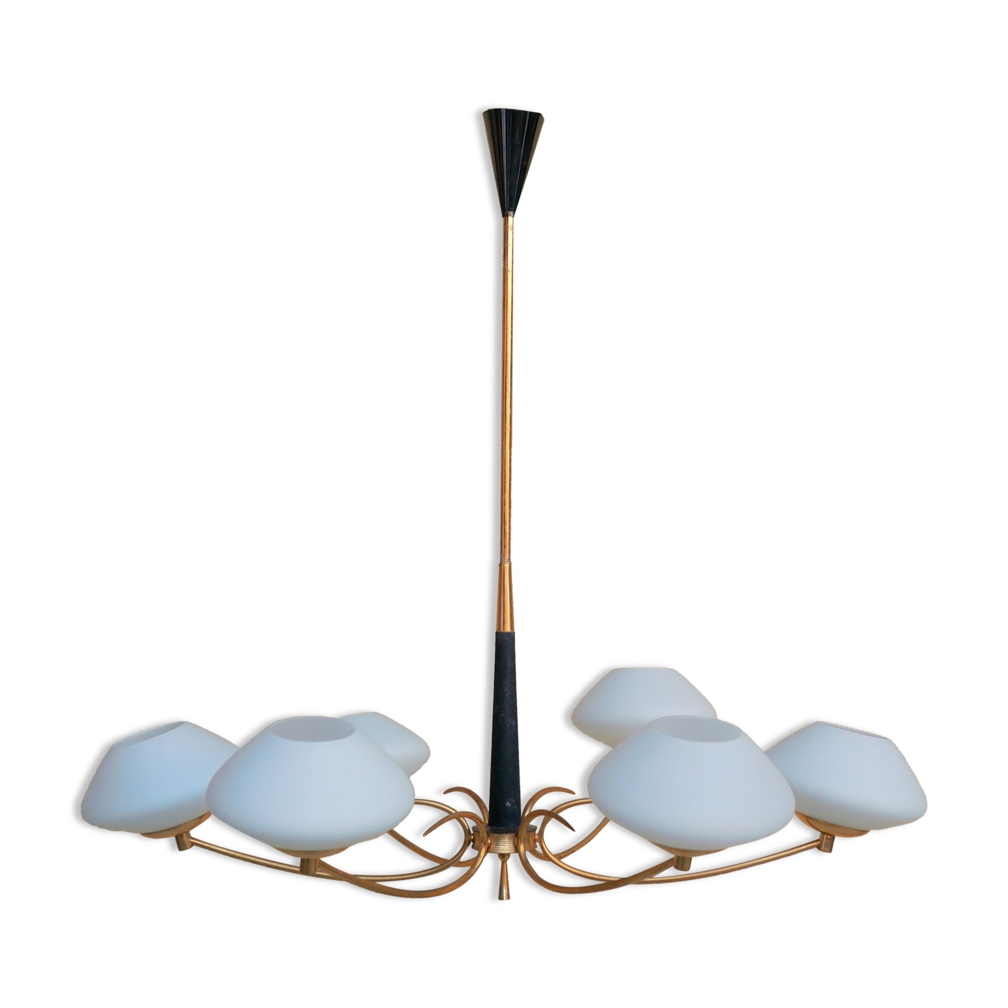 Lustre vintage 6 feux opaline et laiton doré