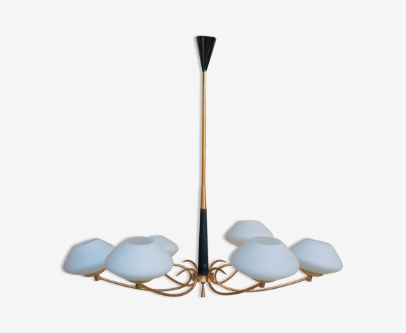 Lustre vintage 6 feux opaline et laiton doré