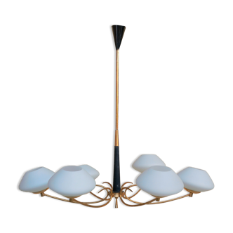 Lustre vintage 6 feux opaline et laiton doré