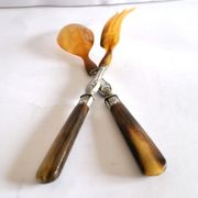 Antique horn salad cutlery – shell decoration 1900