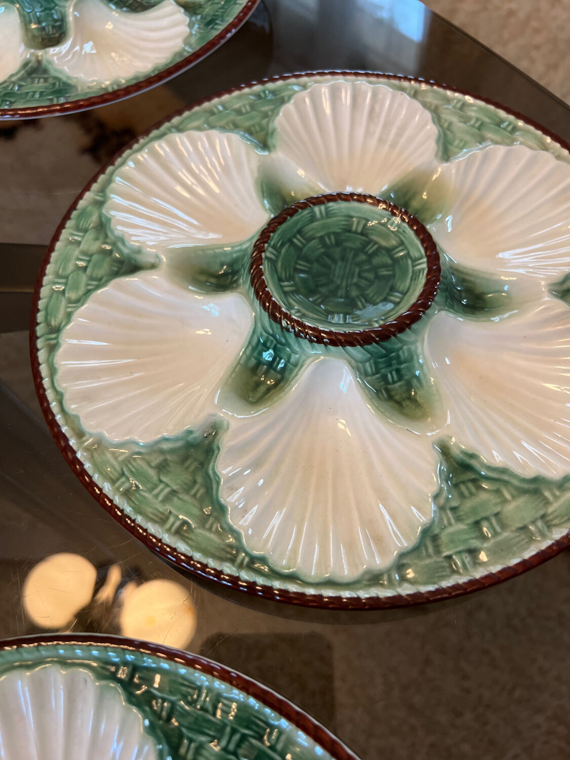 6 vintage slip oyster plates