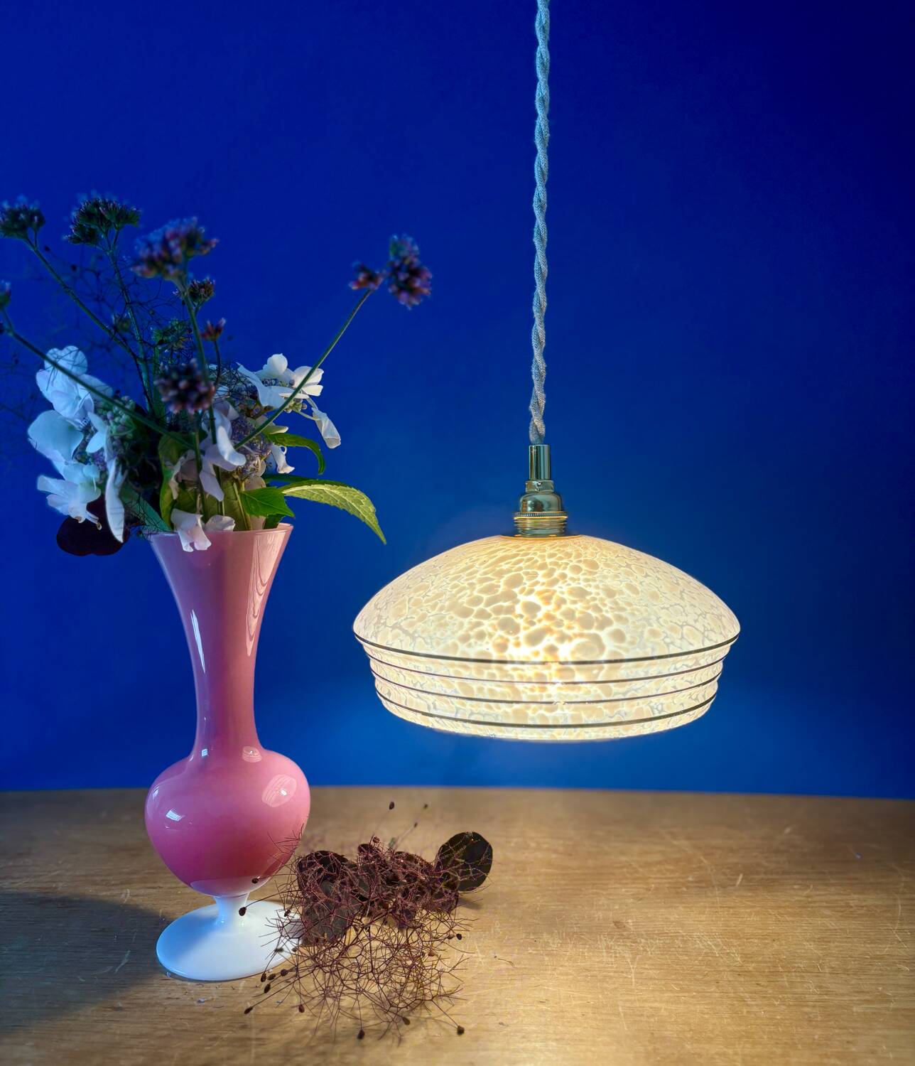 Vintage pink and gold clichy glass lampshade pendant light