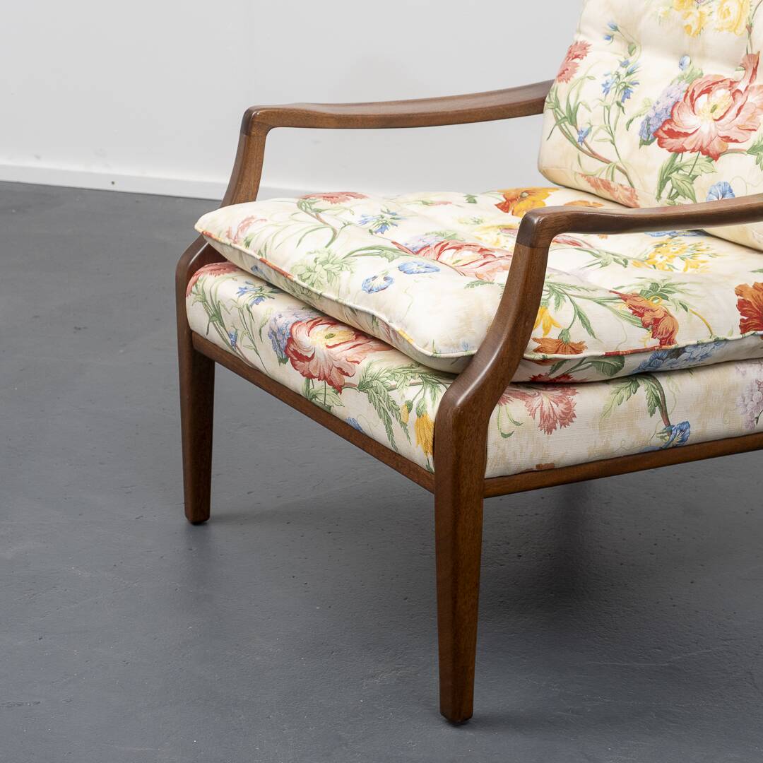 Restored 1960s armchair, floral pattern, two available.