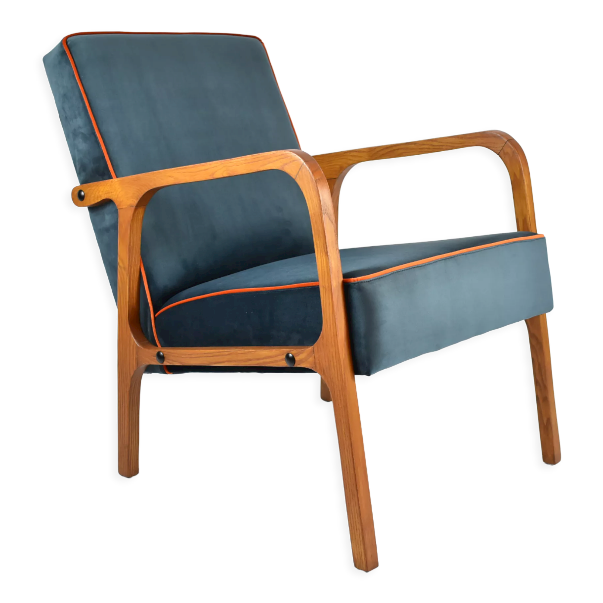 Original vintage armchair, restored, ocean blue velvet, 1960s