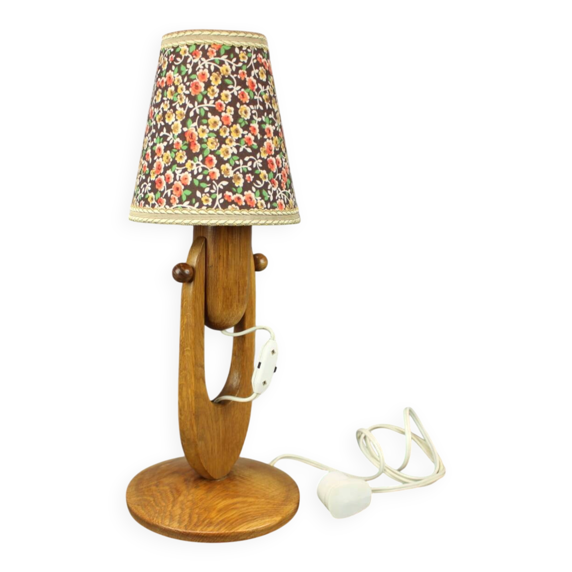 Mid-century adjustable wooden table lamp with floral shade, Czechoslovakia, 1970.