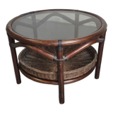 Vintage rattan coffee table with smoked glass top and rattan basket shelf