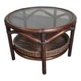 Vintage rattan coffee table with smoked glass top and rattan basket shelf