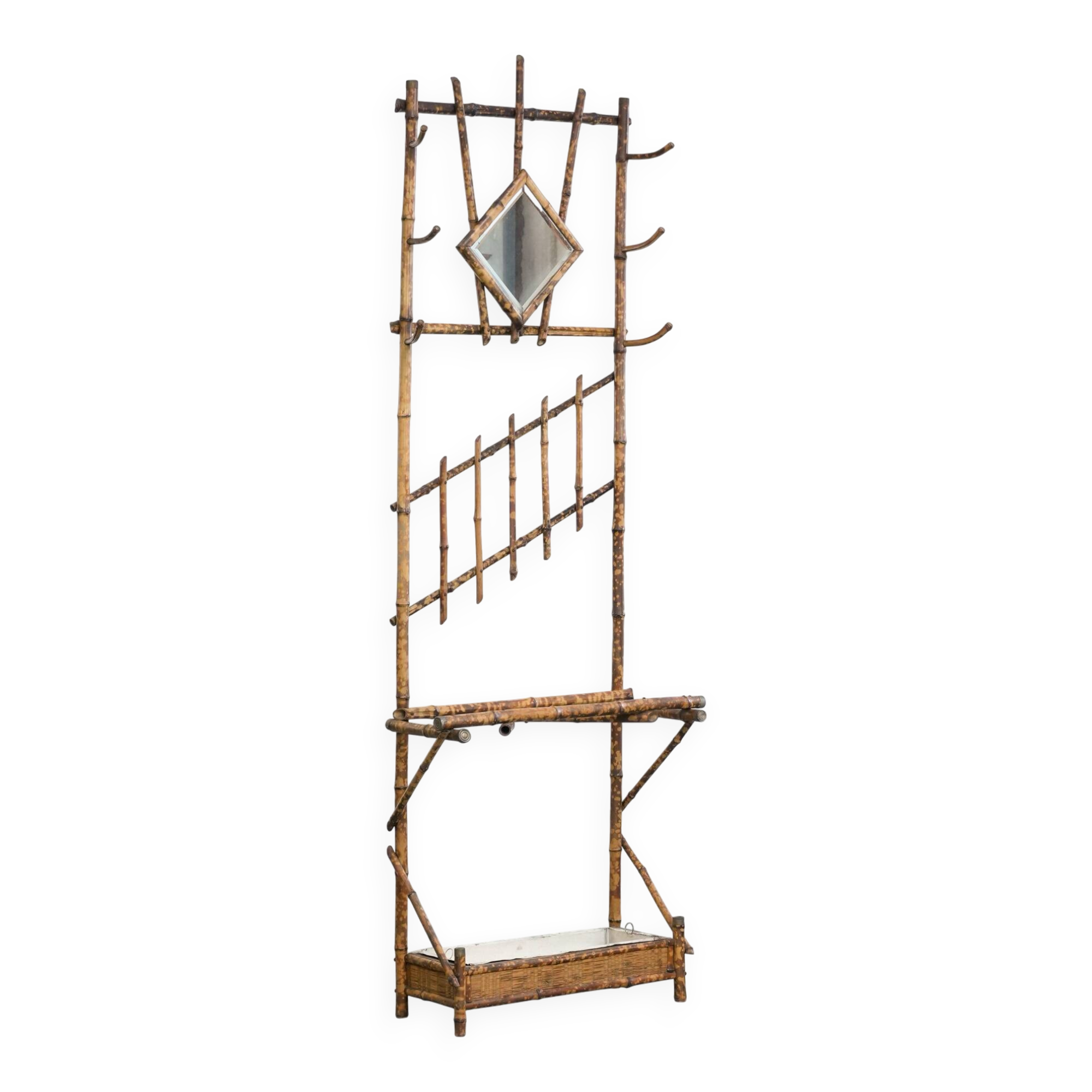 Porte-manteau ancien français en bambou, avec miroir et porte-parapluie.
