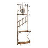 Porte-manteau ancien français en bambou, avec miroir et porte-parapluie.