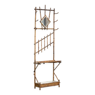 Antique French bamboo standing coat rack with mirror and umbrella stand