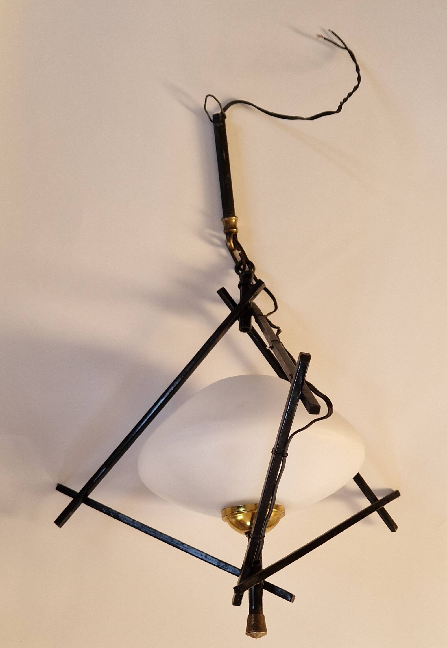 Opaline and metal triangular pendant light from Maison Lunel, 1950