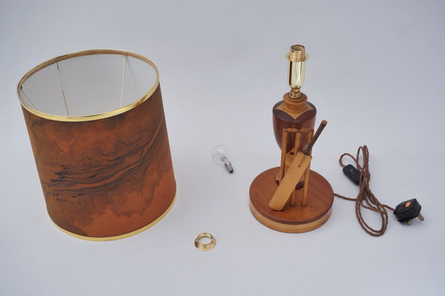 Marquetry wood inlaid table lamp, sport cricket theme, 1950`s ca, English, Rewired