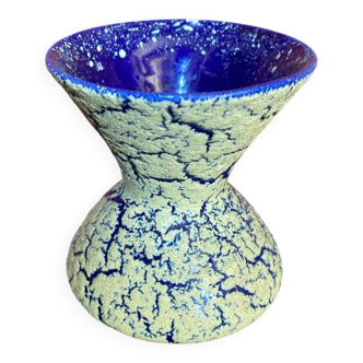 Vintage White Blue Ceramic Snowy Stoneware Vase France #D559