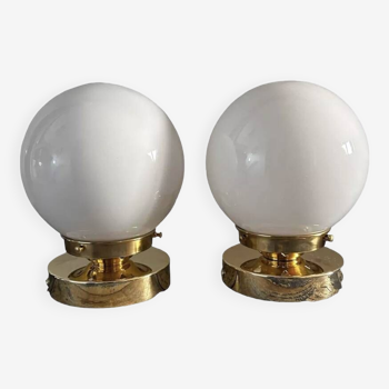 Set of two white opaline ball wall lights