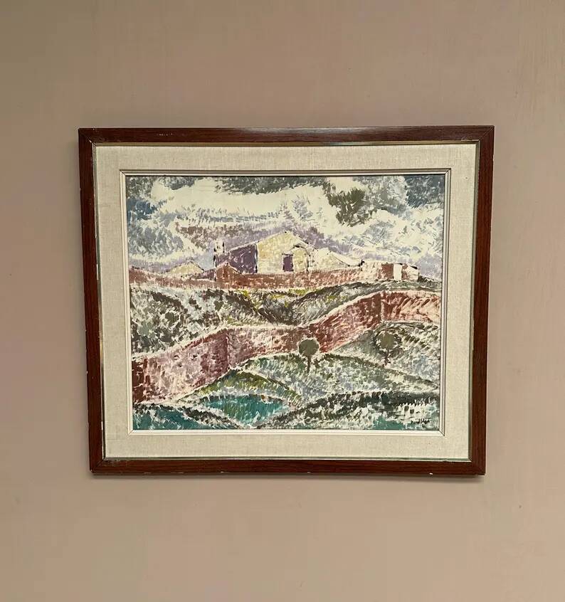Original Swedish Oil on Canvas – "Landscape with Buildings" by Gösta Nordblad – Signed – Vintage and Framed