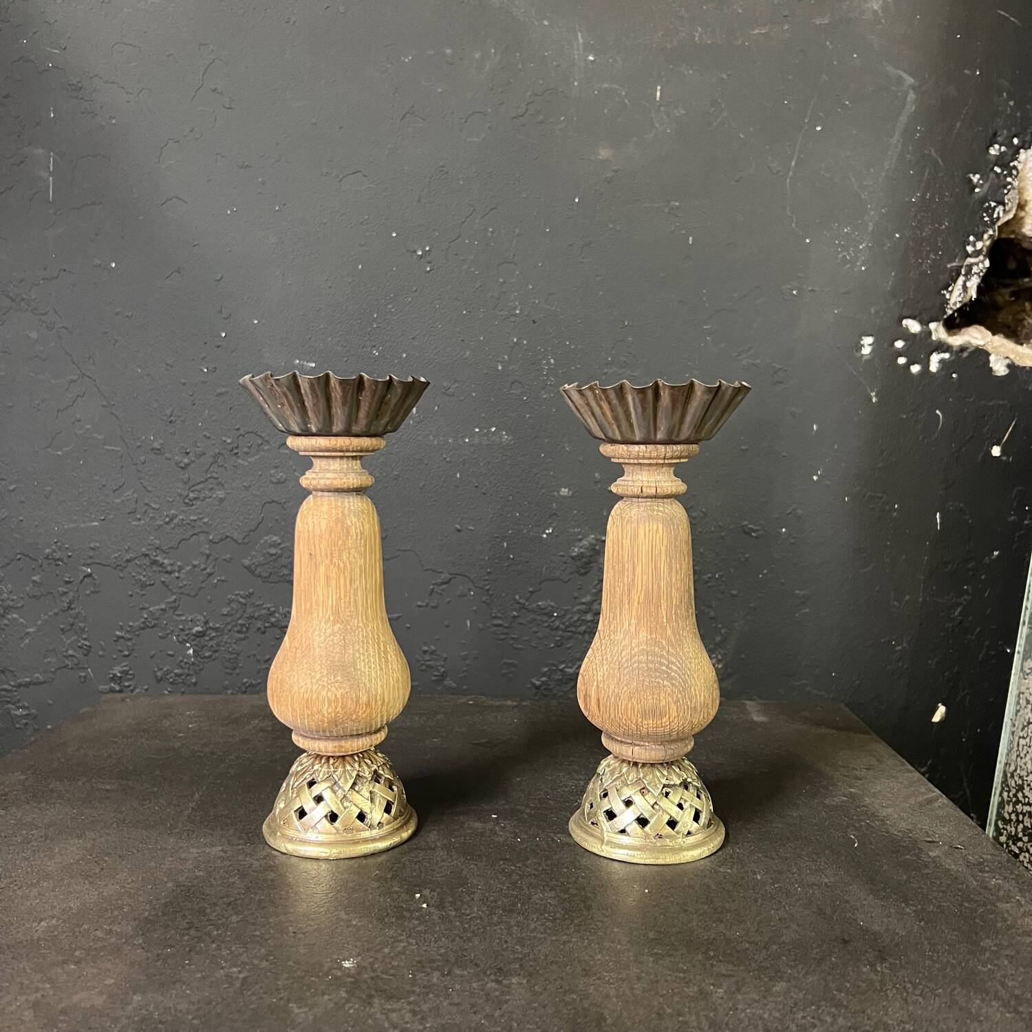 Old oak candle holder with bronze base