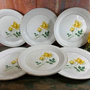 6 white flat plates pink yellow Moulin des Loups Orchies