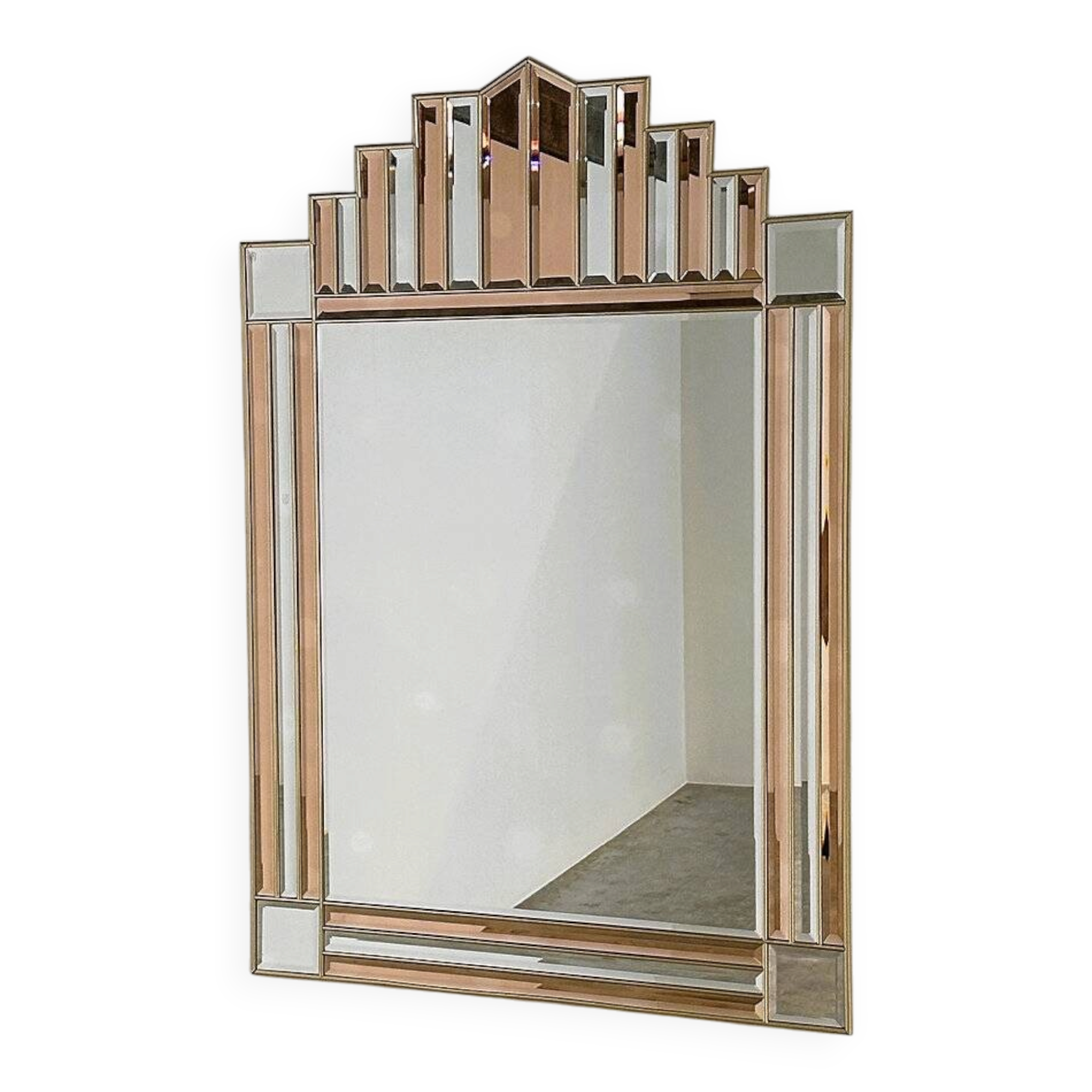 Art Deco style peach & clear bevelled mirror with brass frame, 1980s
