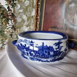 English porcelain flower pot or planter, blue Victorian landscape