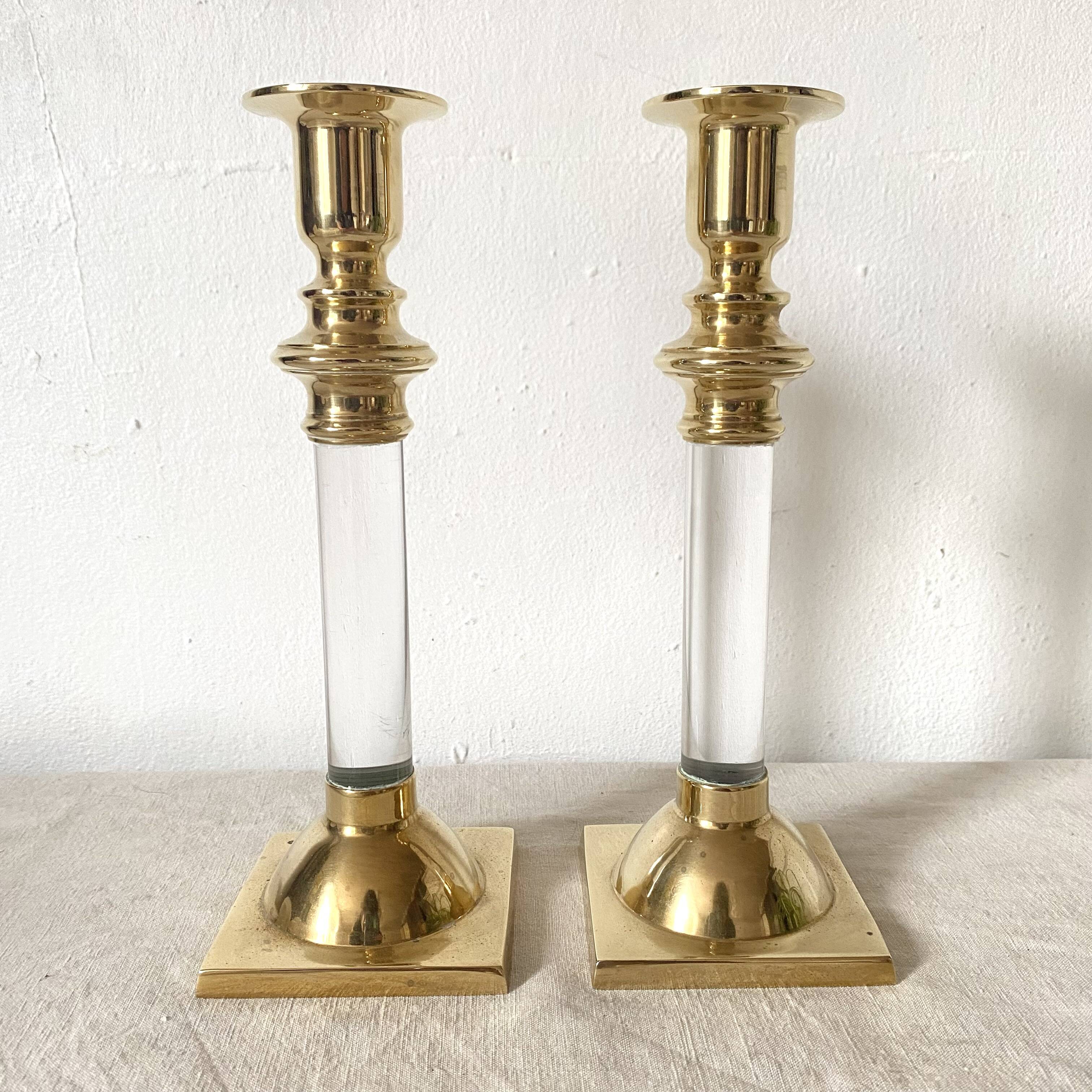 Pair of brass and lucite candlesticks, 1970s