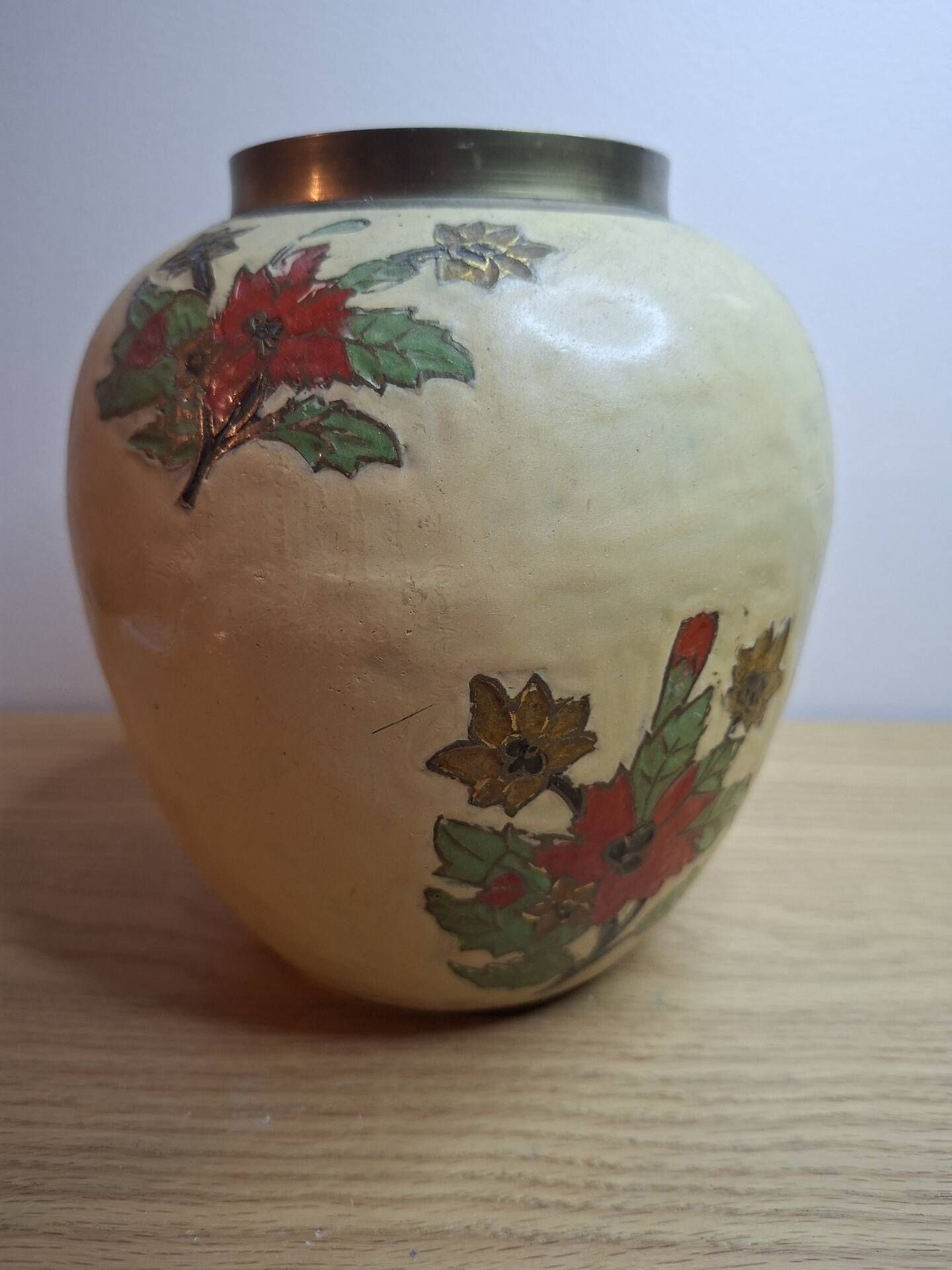 Vintage enamelled brass round vase with handmade floral decoration.