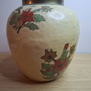 Vintage enamelled brass round vase with handmade floral decoration.