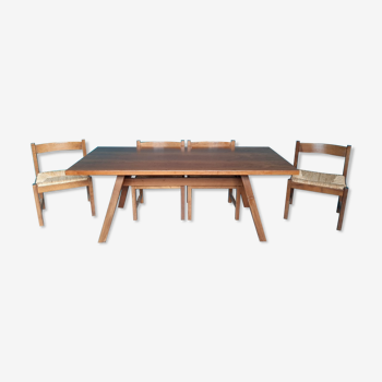 Ensemble table et ses 4 chaises assise paillée design Giovanni Michelucci