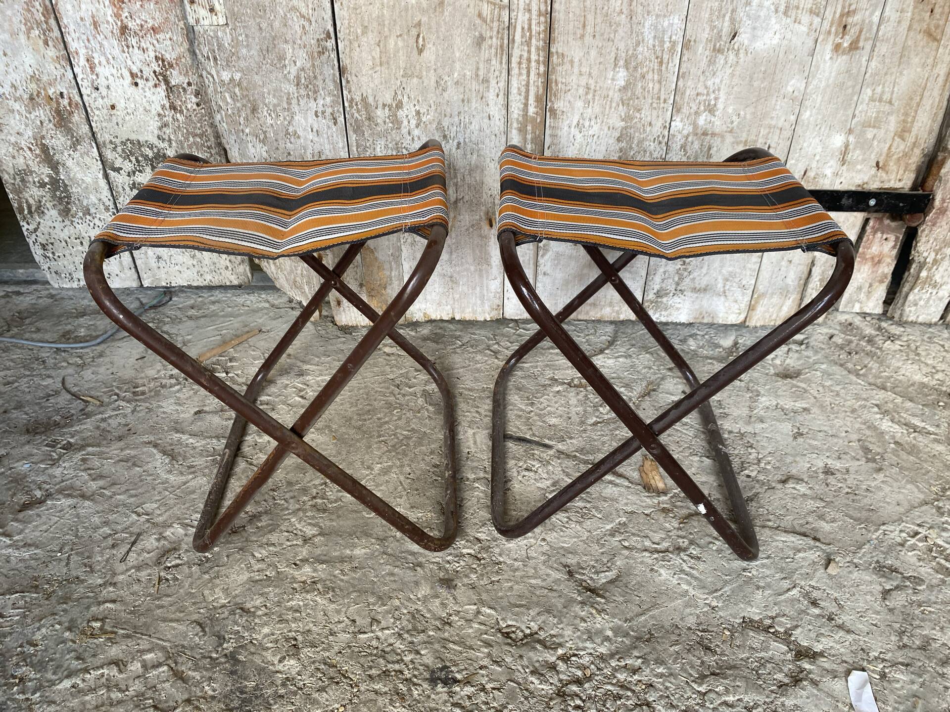 Pair of Folding Camping Fishing Stools Metal Tube + Vintage Fabric #E31