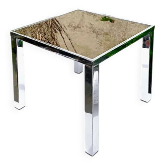 Table d’appoint carrée en métal chromé et verre miroir fumé