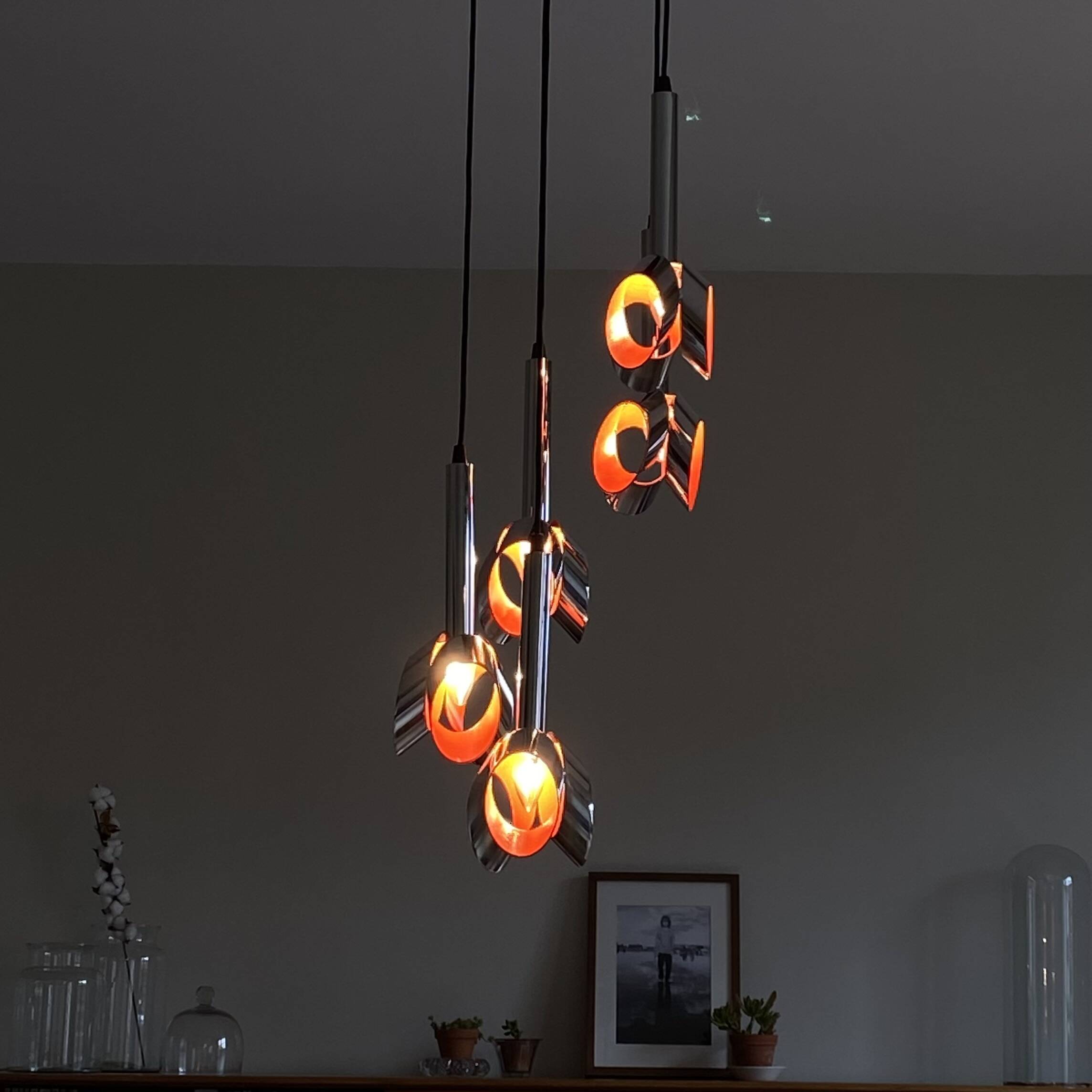 Suspension cascade en acier inox lustre 1970 Raak