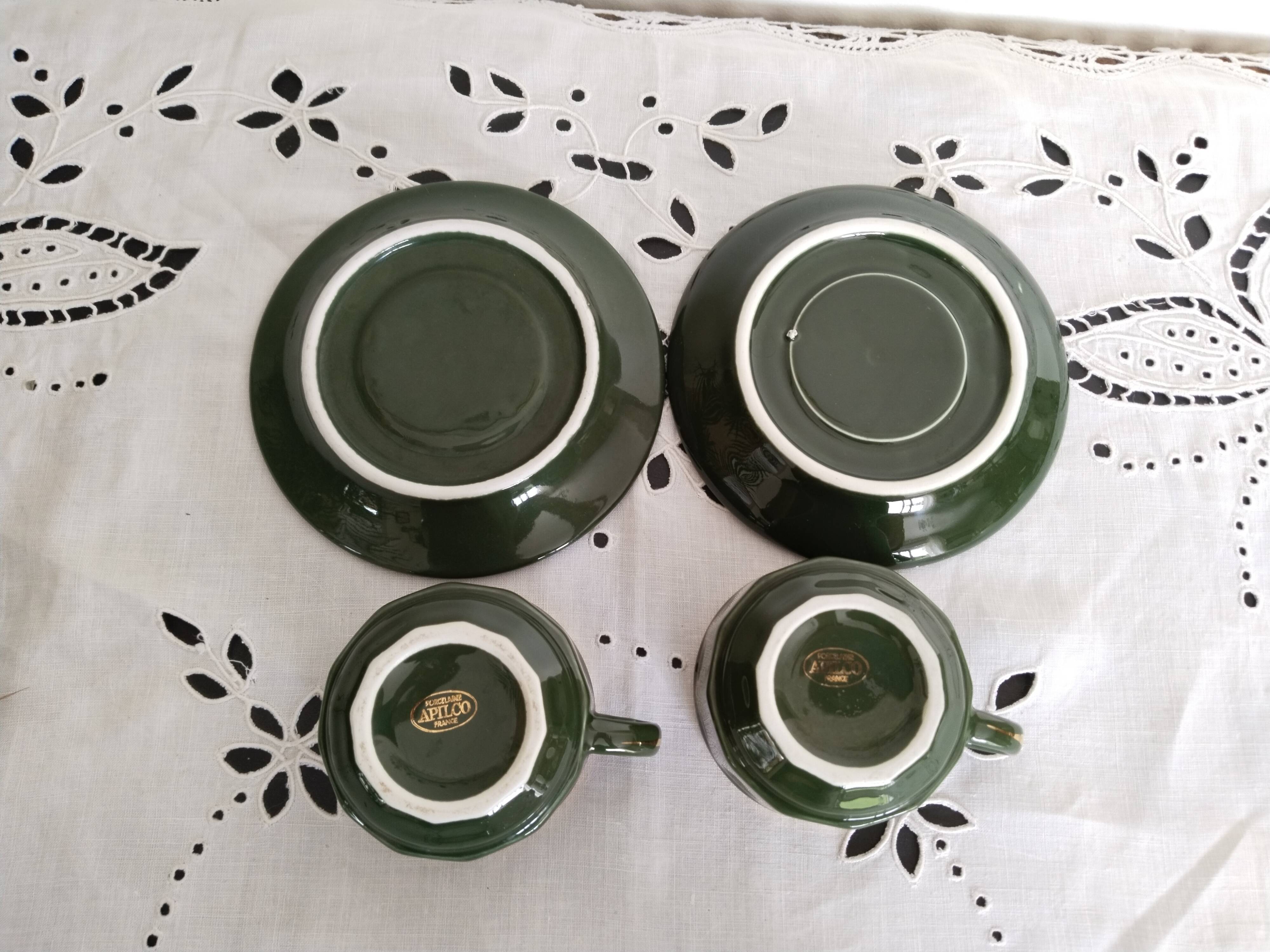 Apilco bistro coffee cups, green and gold
