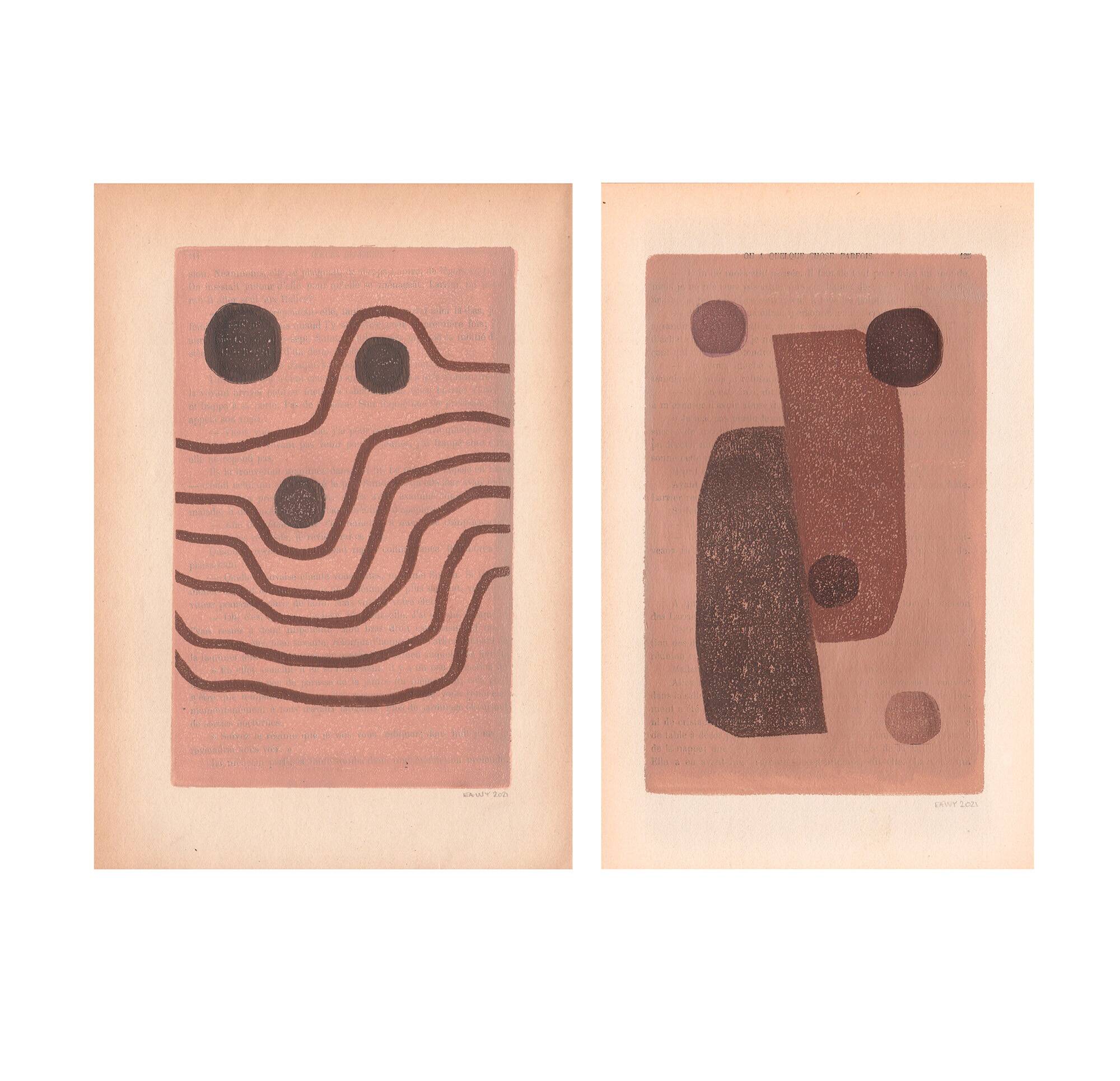 Duo of paintings on paper - M337 and M339 - abstract paintings signed Eawy