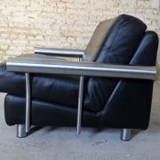pair of armchairs, black leather & stainless steel, 1990