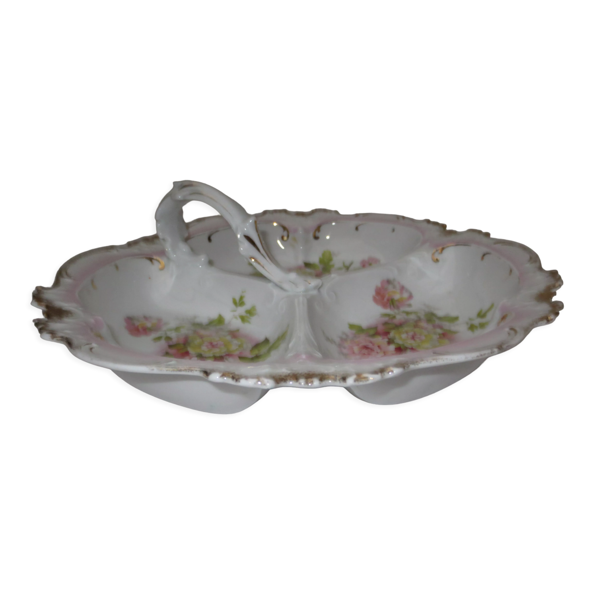 Numbered decorated porcelain quarter dish for hors d'oeuvre or other