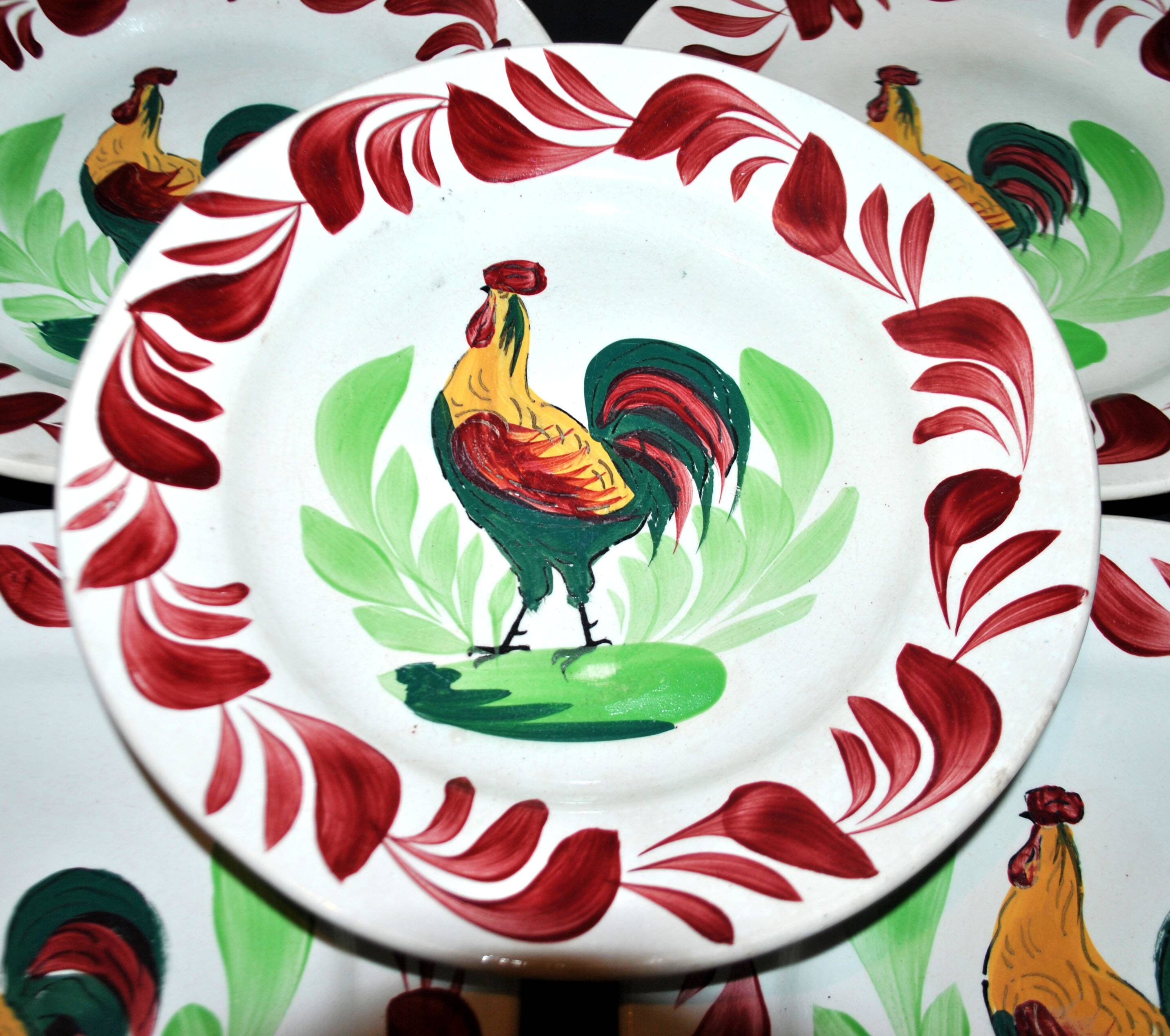 Set of 6 hand-painted Choisy-Le-Roi earthenware COQ plates