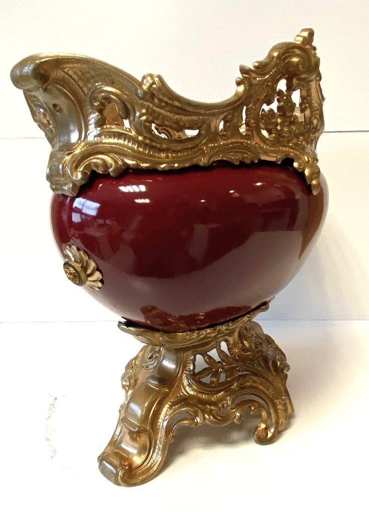Antique Napoleon III Centrepiece Jardinière in Gilded Metal and Faience