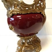 Antique Napoleon III Centrepiece Jardinière in Gilded Metal and Faience